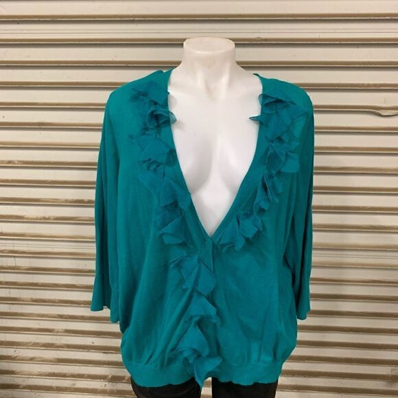 Lane Bryant green deep V sweater with ruffles - Picture 1 of 5